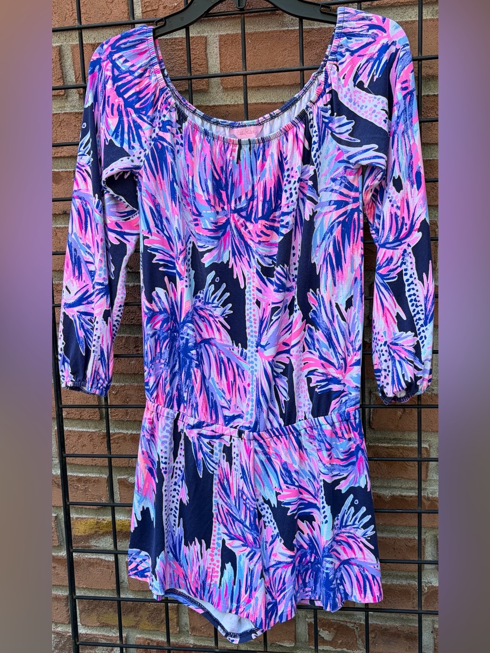 Lilly Pulitzer Navy Pink Purple Palm-Print Off-Shoulder Dress